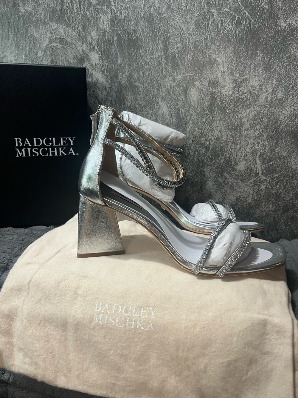 Badgley Mischka Metallic Silver Crystal-Strap Block Heel Sandals